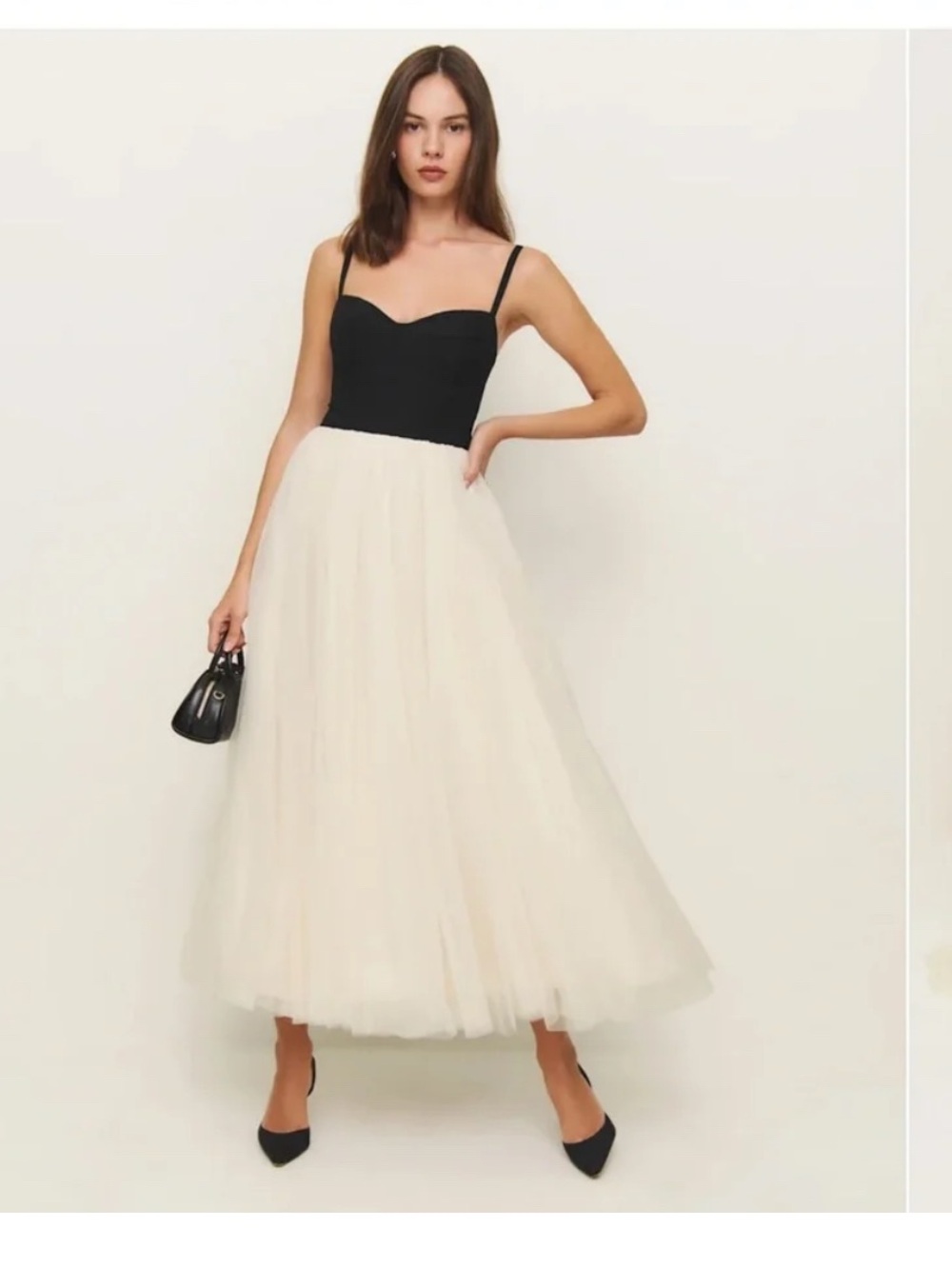 Reformation Black Bodice Ivory Tulle Midi Skirt